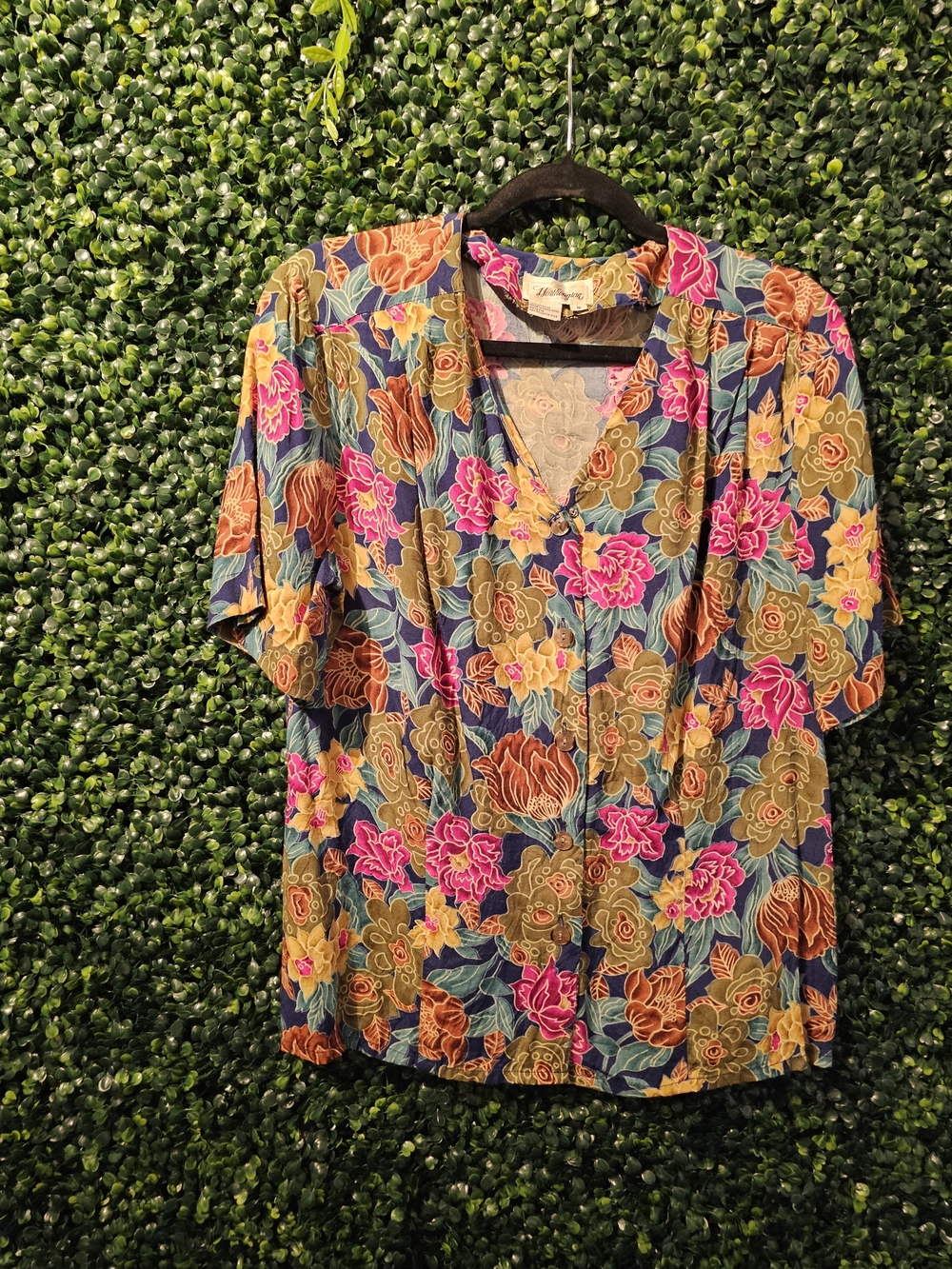 Worthington Blue Floral V-Neck Button Front Top